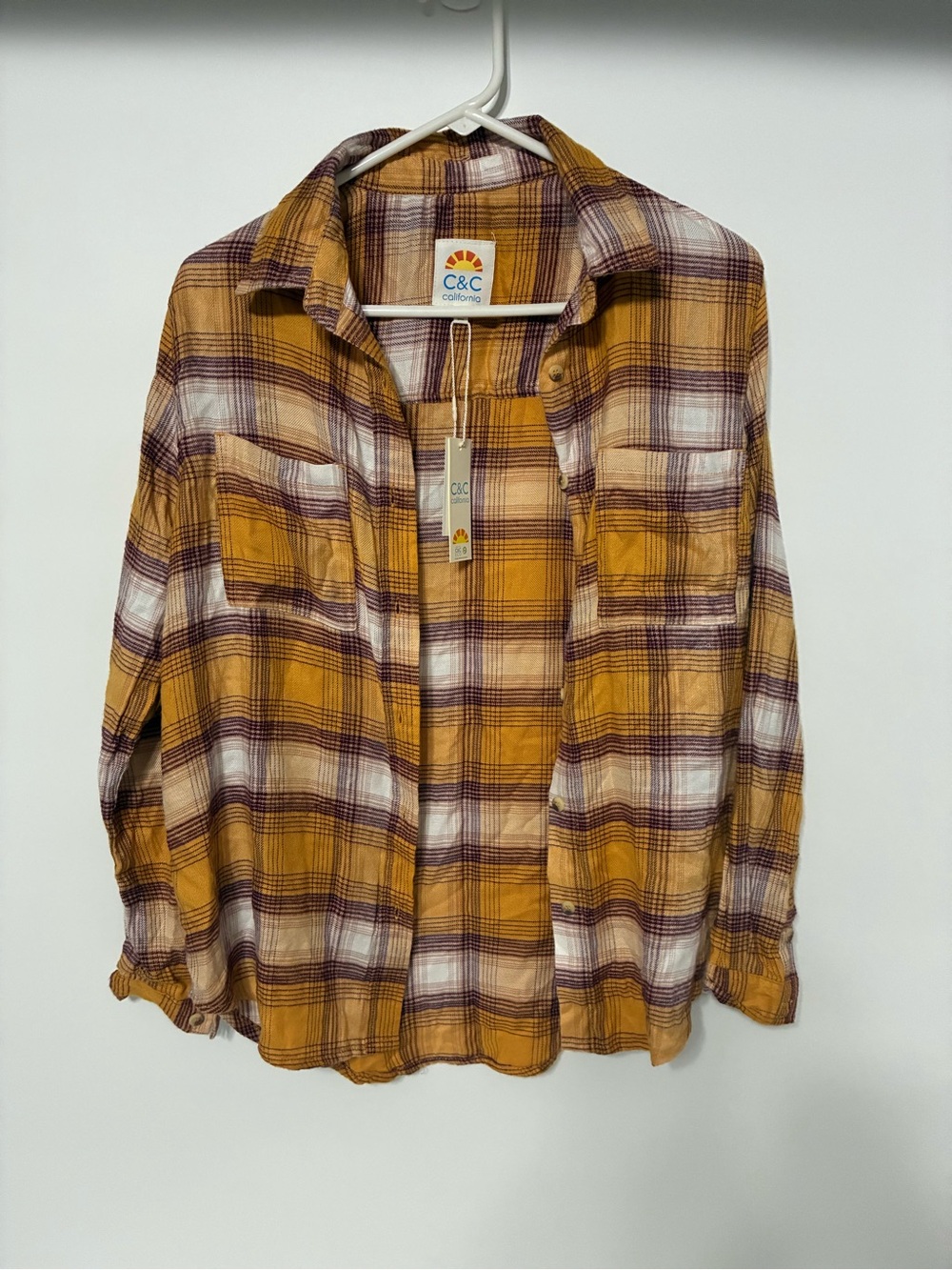 C&C California Honey Yellow and Burgundy Plaid Button-Down Flannel Shirt